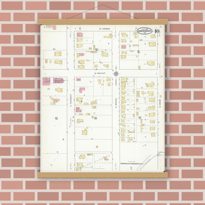 Old map wall art mockup — magnetic wood frame on brick wall — Sanborn Fire Insurance Map from Independence, Jackson County, Missouri (1916), Sheet #0010
