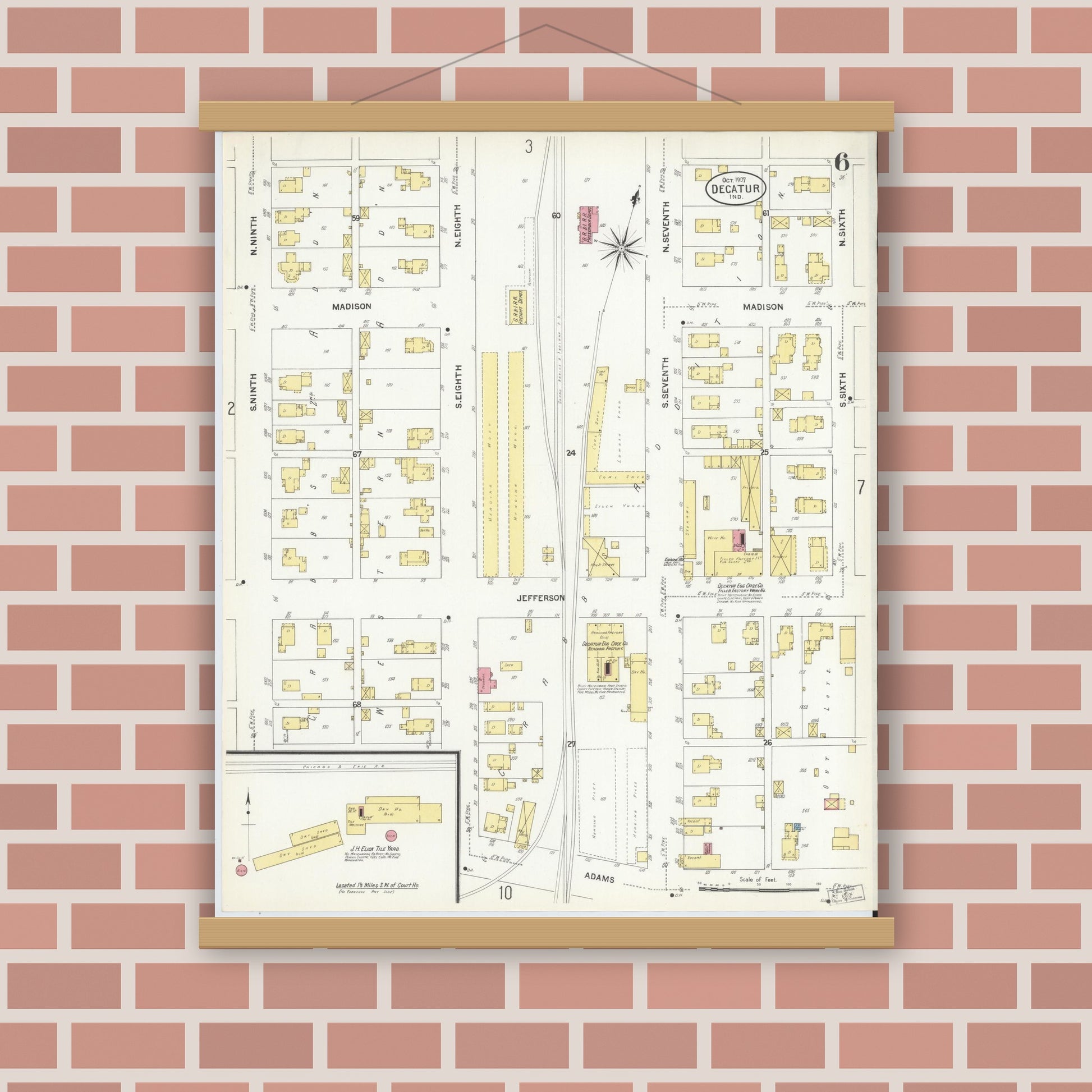 Old map wall art mockup — magnetic wood frame on brick wall — Sanborn Fire Insurance Map from Decatur, Adams County, Indiana (1907), Sheet #0006