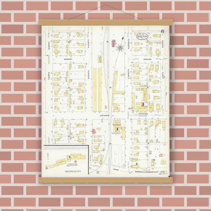 Old map wall art mockup — magnetic wood frame on brick wall — Sanborn Fire Insurance Map from Decatur, Adams County, Indiana (1907), Sheet #0006
