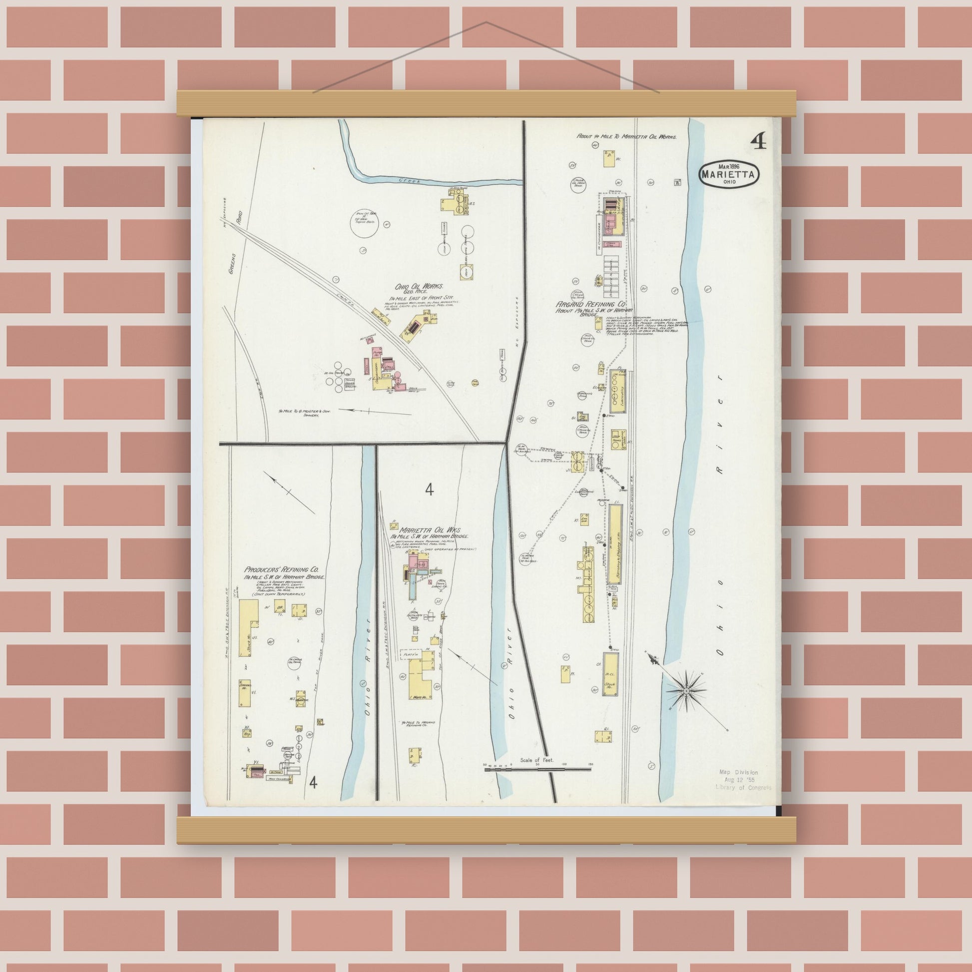 Old map wall art mockup — magnetic wood frame on brick wall — Sanborn Fire Insurance Map from Marietta, Washington County, Ohio (1896), Sheet #0004