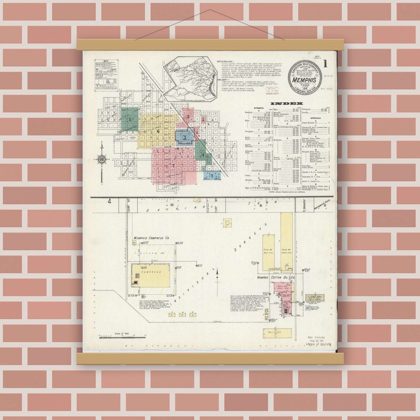 Old map wall art mockup — magnetic wood frame on brick wall — Sanborn Fire Insurance Map from Memphis, Hall County, Texas (1914), Sheet #0001