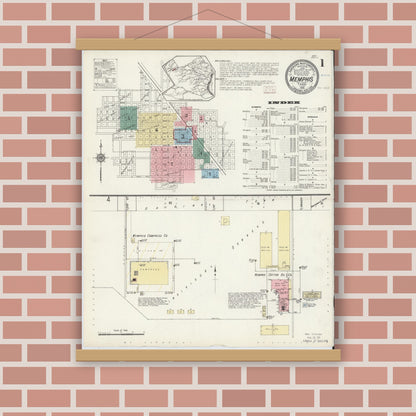 Old map wall art mockup — magnetic wood frame on brick wall — Sanborn Fire Insurance Map from Memphis, Hall County, Texas (1914), Sheet #0001