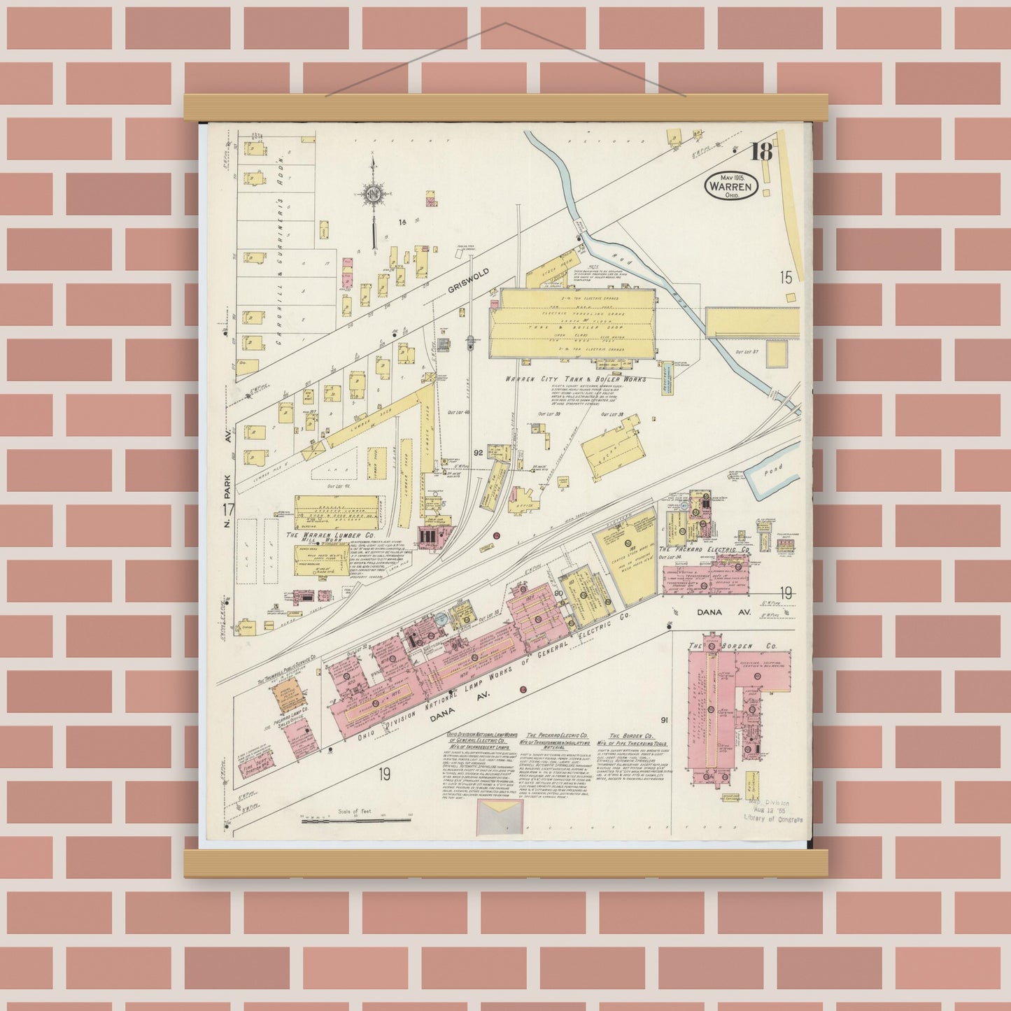 Old map wall art mockup — magnetic wood frame on brick wall — Sanborn Fire Insurance Map from Warren, Trumbull County, Ohio (1915), Sheet #0018