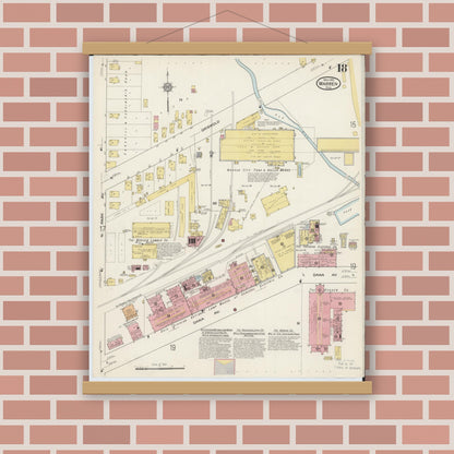 Old map wall art mockup — magnetic wood frame on brick wall — Sanborn Fire Insurance Map from Warren, Trumbull County, Ohio (1915), Sheet #0018
