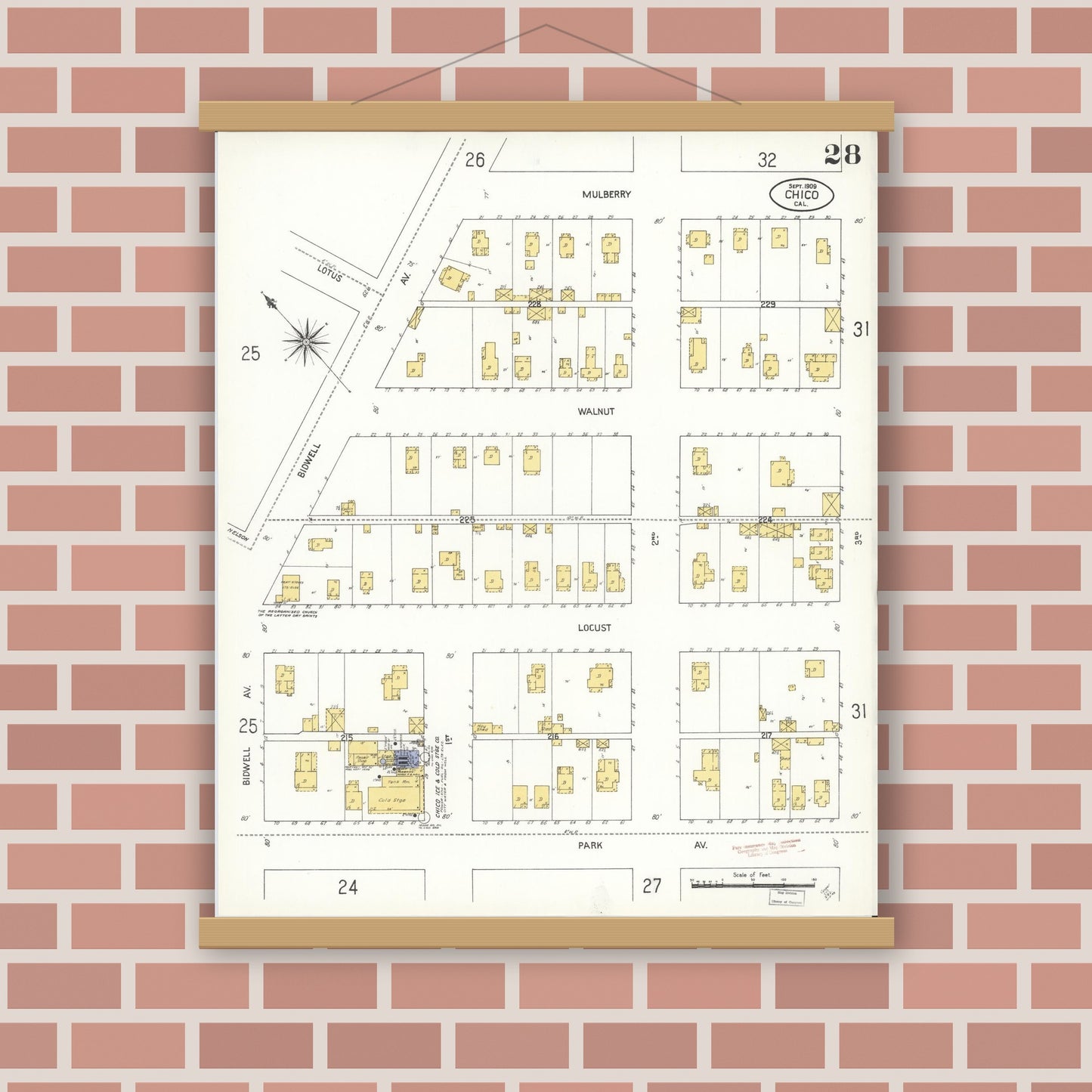 Old map wall art mockup — magnetic wood frame on brick wall — Sanborn Fire Insurance Map from Chico, Butte County, California (1909), Sheet #0028