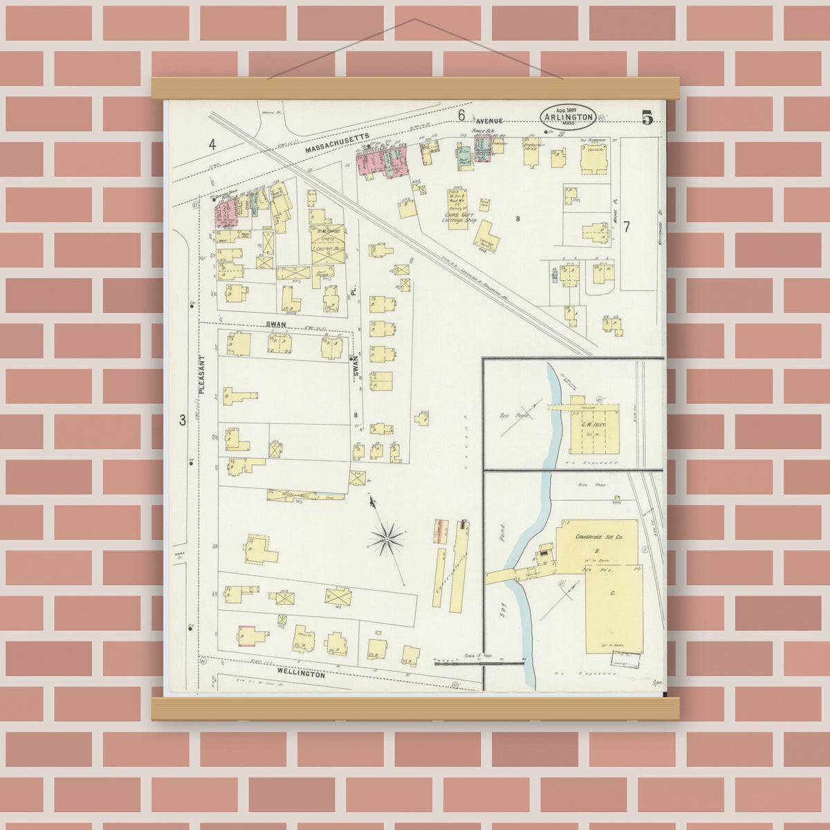 Old map wall art mockup — magnetic wood frame on brick wall — Sanborn Fire Insurance Map from Arlington, Middlesex County, Massachusetts (1897), Sheet #0005