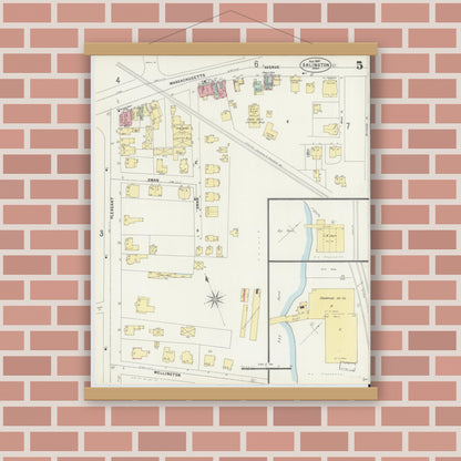 Old map wall art mockup — magnetic wood frame on brick wall — Sanborn Fire Insurance Map from Arlington, Middlesex County, Massachusetts (1897), Sheet #0005