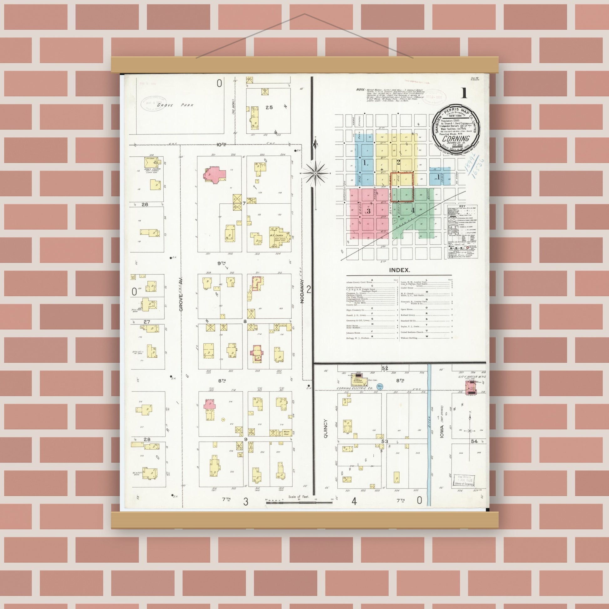 Old map wall art mockup — magnetic wood frame on brick wall — Sanborn Fire Insurance Map from Corning, Adams County, Iowa (1899), Sheet #0001