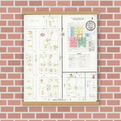 Old map wall art mockup — magnetic wood frame on brick wall — Sanborn Fire Insurance Map from Corning, Adams County, Iowa (1899), Sheet #0001