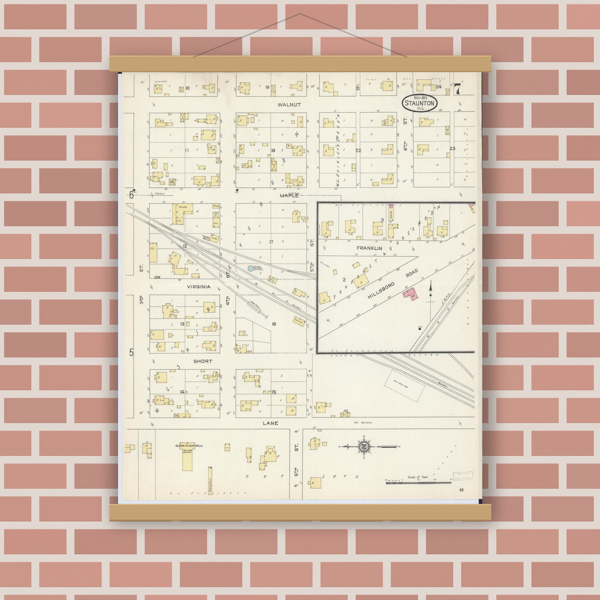 Old map wall art mockup — magnetic wood frame on brick wall — Sanborn Fire Insurance Map from Staunton, Macoupin County, Illinois (1913), Sheet #0007