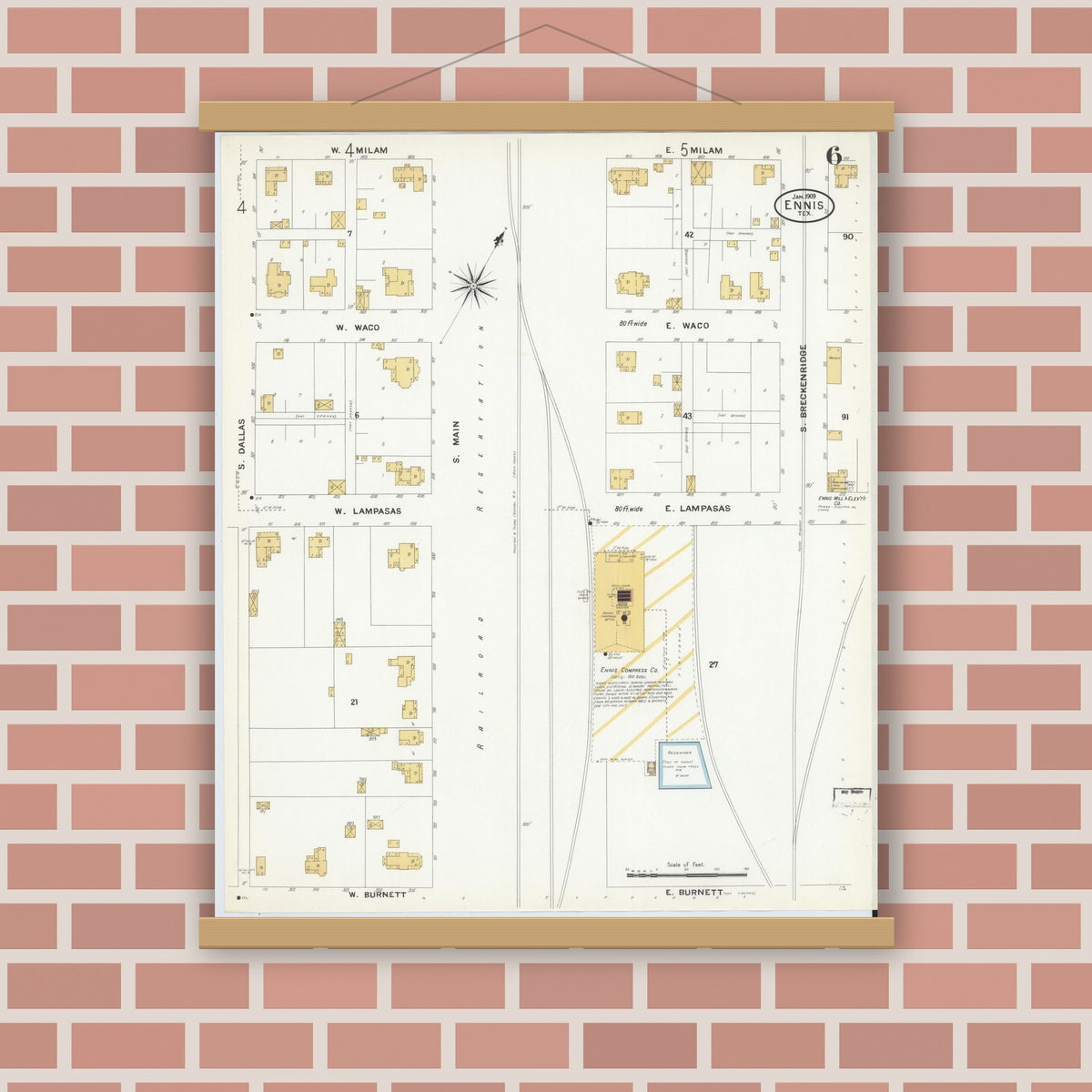 Old map wall art mockup — magnetic wood frame on brick wall — Sanborn Fire Insurance Map from Ennis, Ellis County, Texas (1909), Sheet #0006