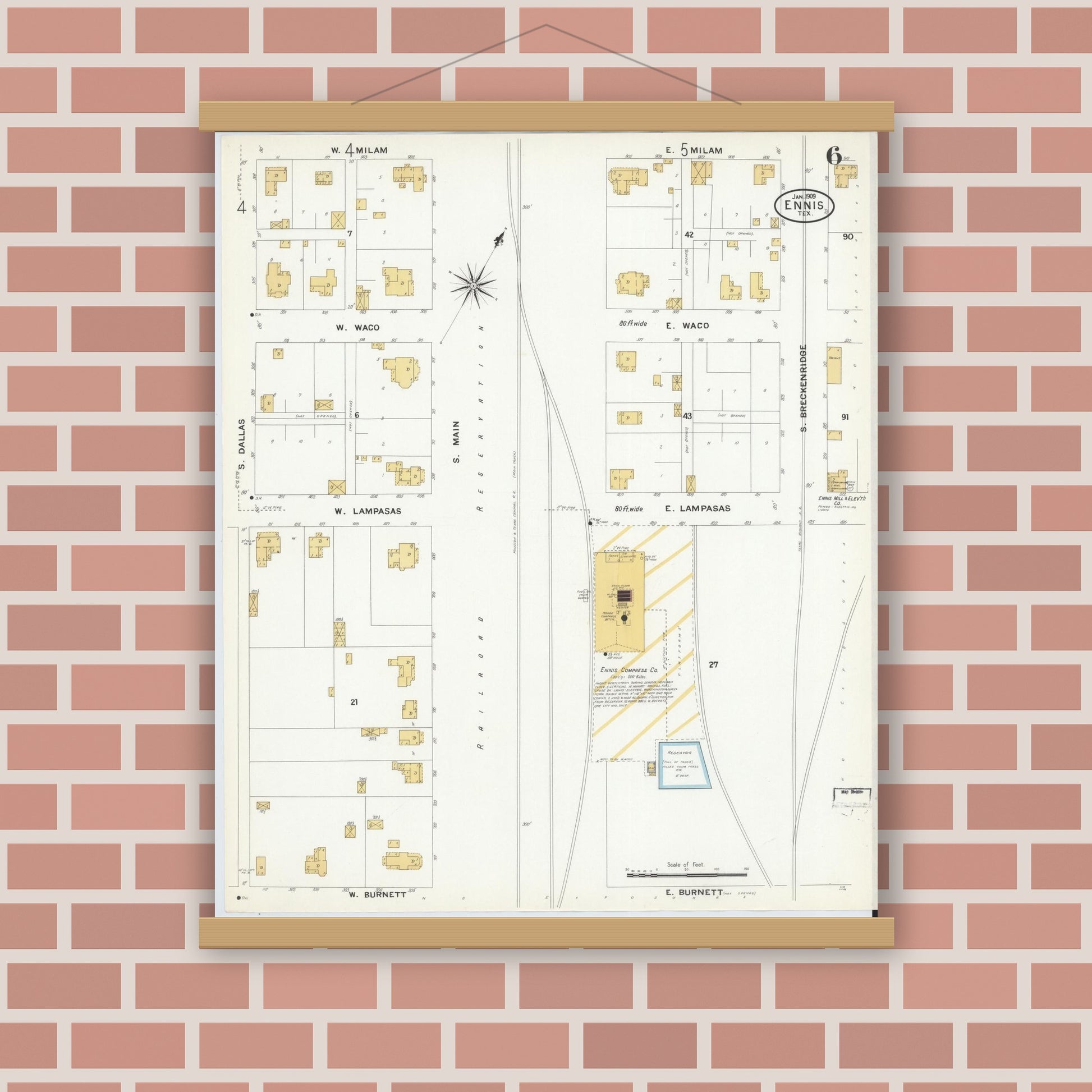 Old map wall art mockup — magnetic wood frame on brick wall — Sanborn Fire Insurance Map from Ennis, Ellis County, Texas (1909), Sheet #0006