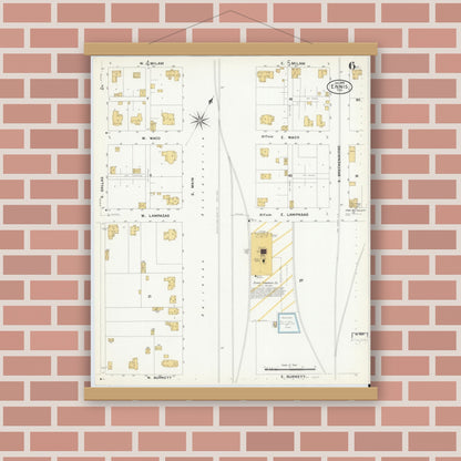 Old map wall art mockup — magnetic wood frame on brick wall — Sanborn Fire Insurance Map from Ennis, Ellis County, Texas (1909), Sheet #0006