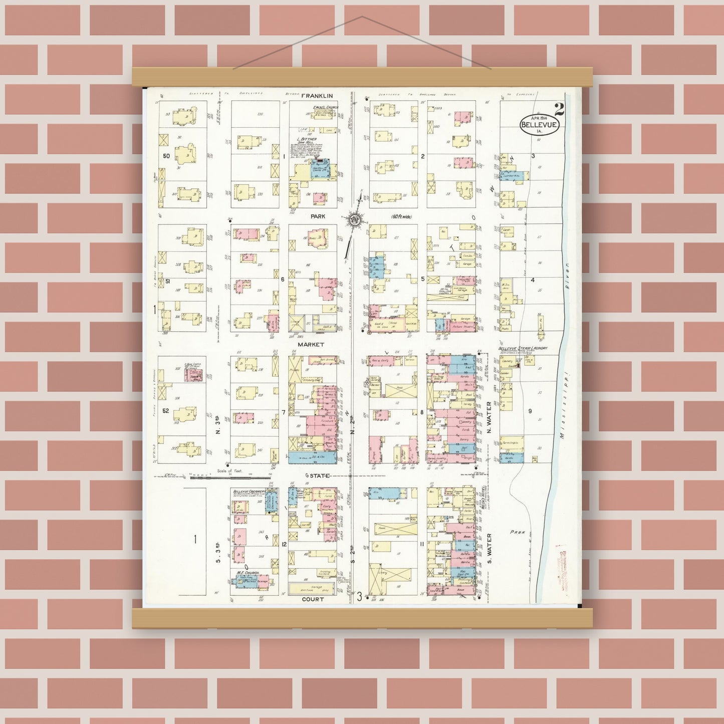Old map wall art mockup — magnetic wood frame on brick wall — Sanborn Fire Insurance Map from Bellevue, Jackson County, Iowa (1914), Sheet #0002
