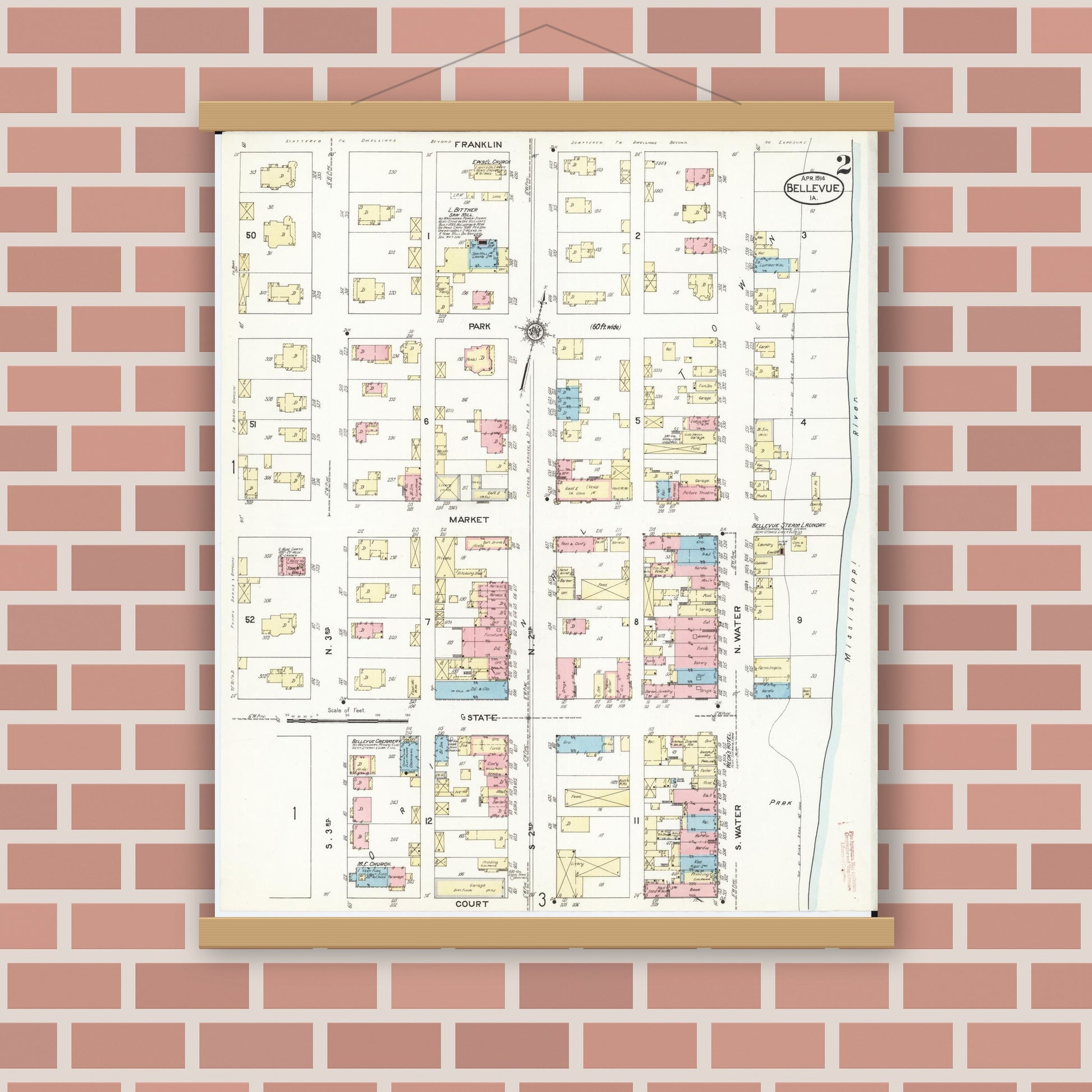 Old map wall art mockup — magnetic wood frame on brick wall — Sanborn Fire Insurance Map from Bellevue, Jackson County, Iowa (1914), Sheet #0002