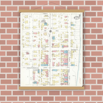 Old map wall art mockup — magnetic wood frame on brick wall — Sanborn Fire Insurance Map from Bellevue, Jackson County, Iowa (1914), Sheet #0002