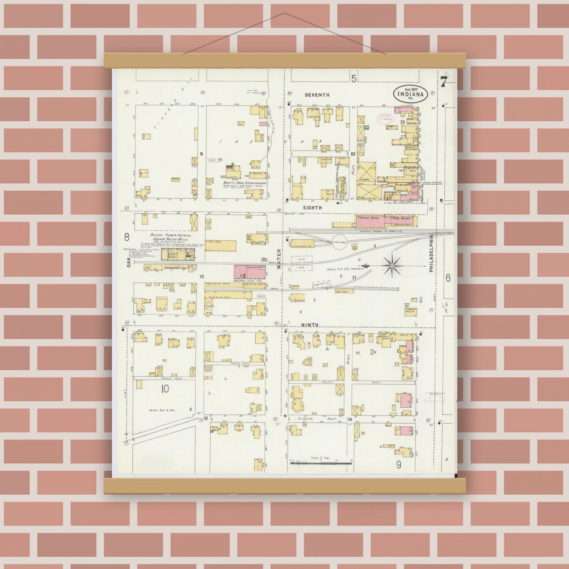 Old map wall art mockup — magnetic wood frame on brick wall — Sanborn Fire Insurance Map from Indiana, Indiana County, Pennsylvania (1888), Sheet #0007