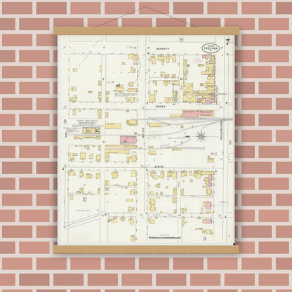 Old map wall art mockup — magnetic wood frame on brick wall — Sanborn Fire Insurance Map from Indiana, Indiana County, Pennsylvania (1888), Sheet #0007