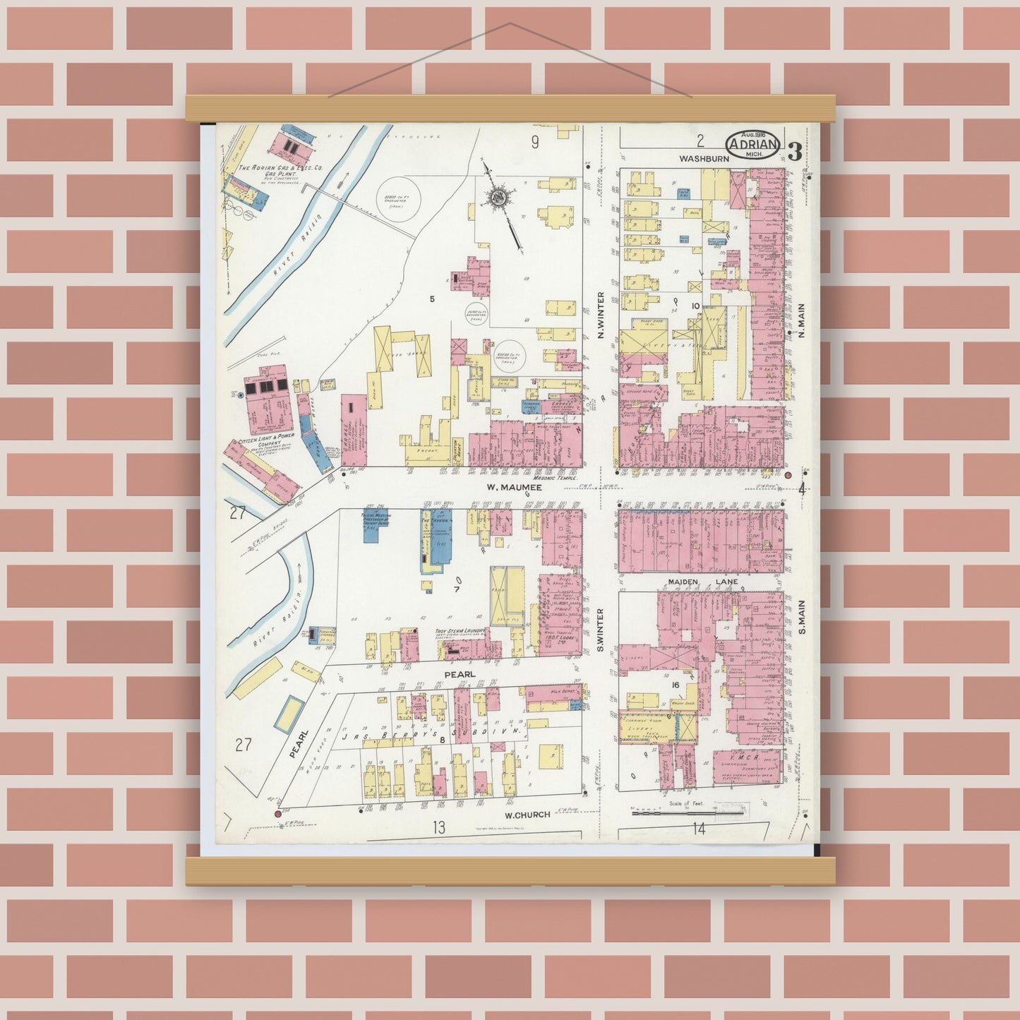 Old map wall art mockup — magnetic wood frame on brick wall — Sanborn Fire Insurance Map from Adrian, Lenawee County, Michigan (1916), Sheet #0003