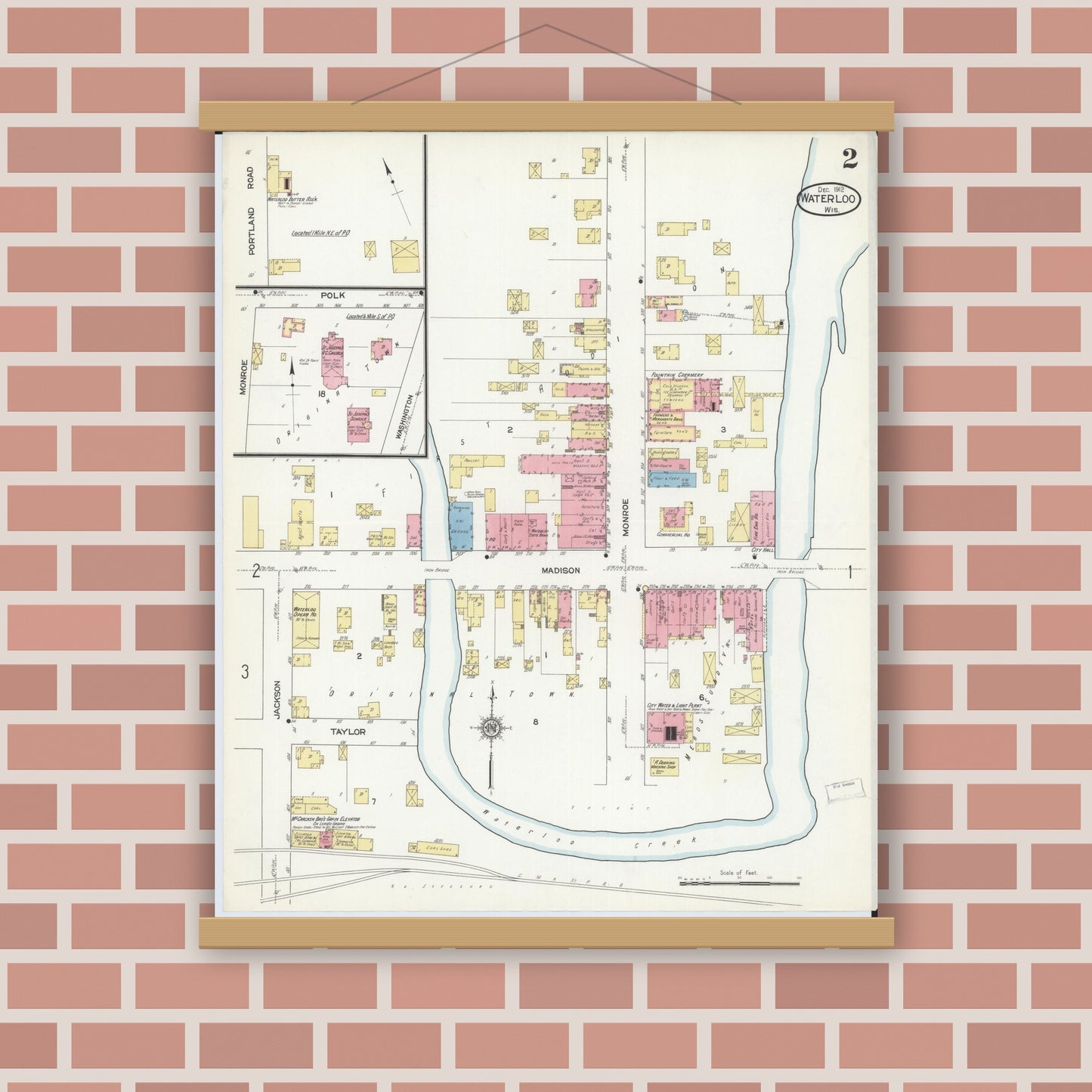 Old map wall art mockup — magnetic wood frame on brick wall — Sanborn Fire Insurance Map from Waterloo, Jefferson County, Wisconsin (1912), Sheet #0002