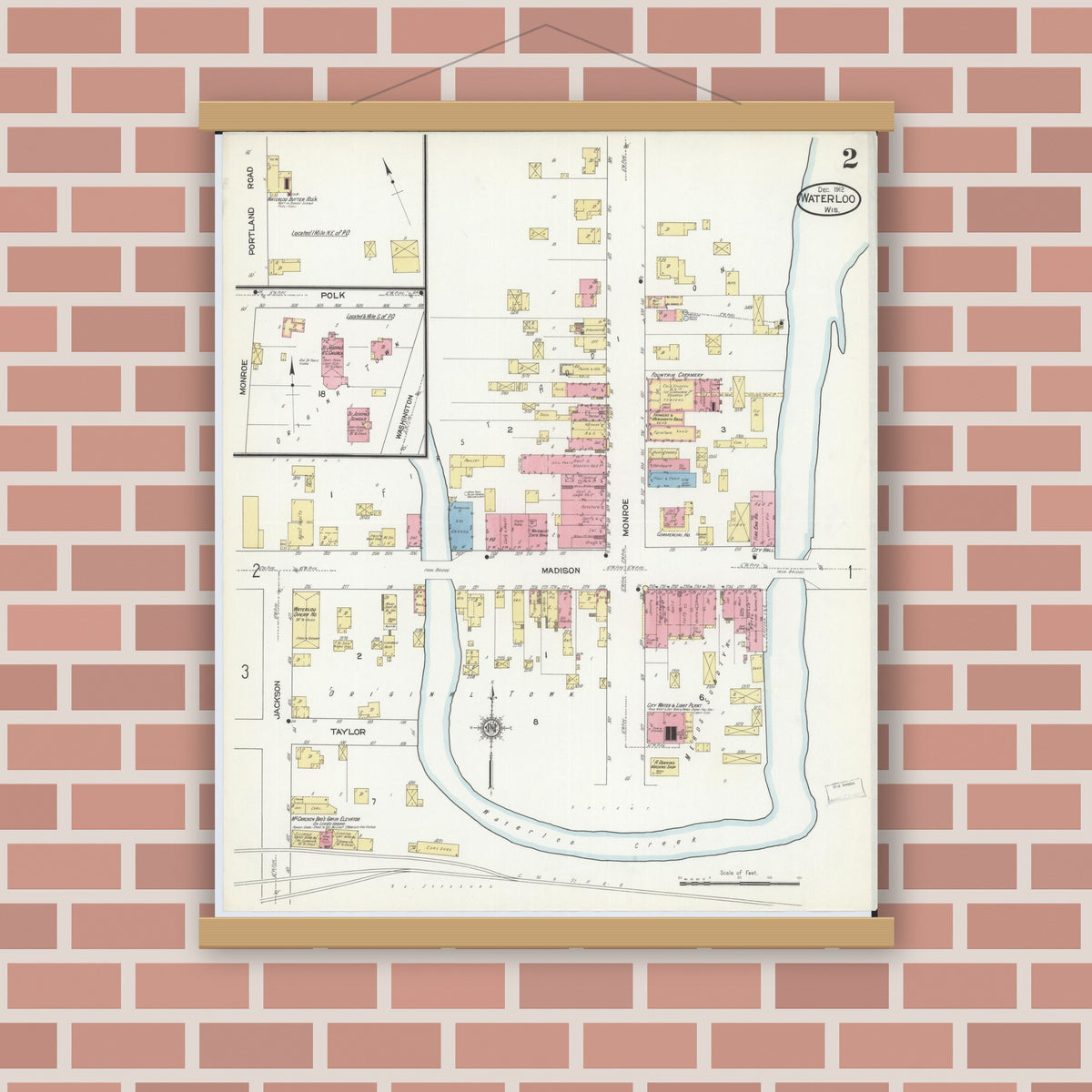 Old map wall art mockup — magnetic wood frame on brick wall — Sanborn Fire Insurance Map from Waterloo, Jefferson County, Wisconsin (1912), Sheet #0002