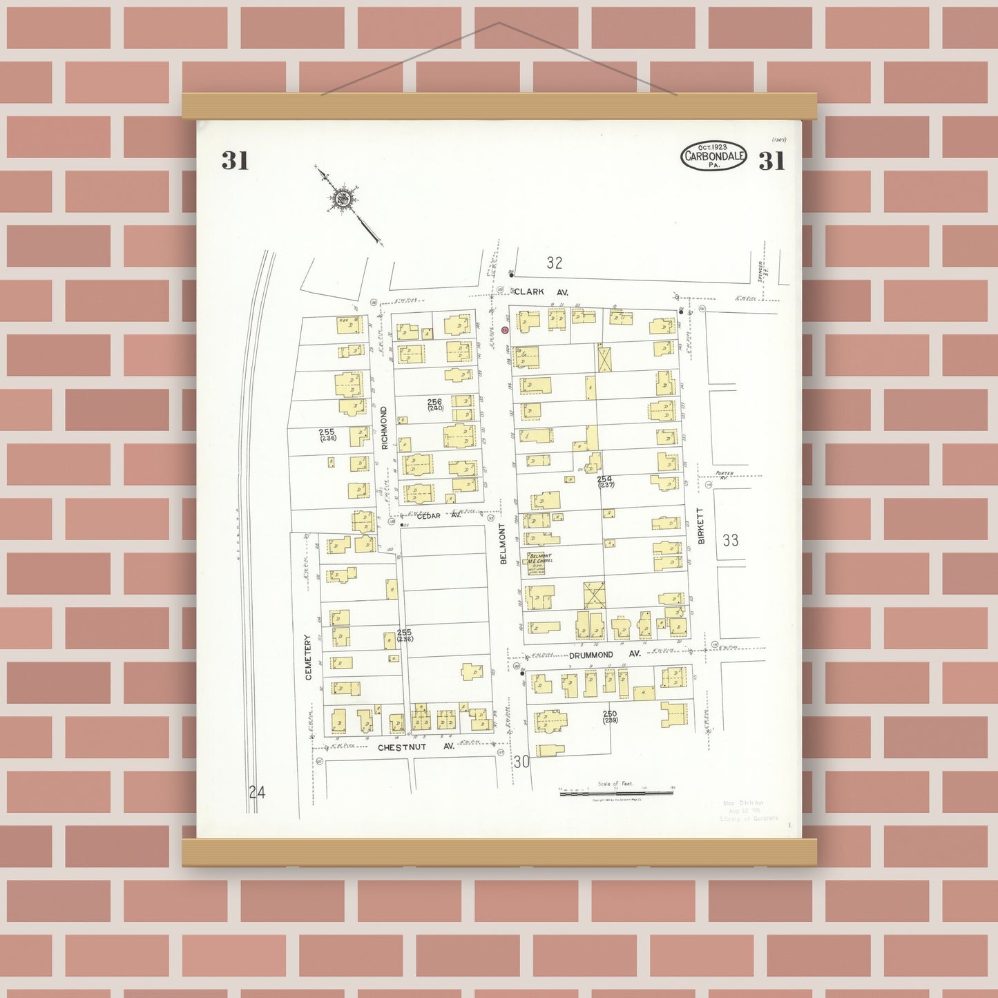 Old map wall art mockup — magnetic wood frame on brick wall — Sanborn Fire Insurance Map from Carbondale, Lackawanna County, Pennsylvania (1923), Sheet #0031