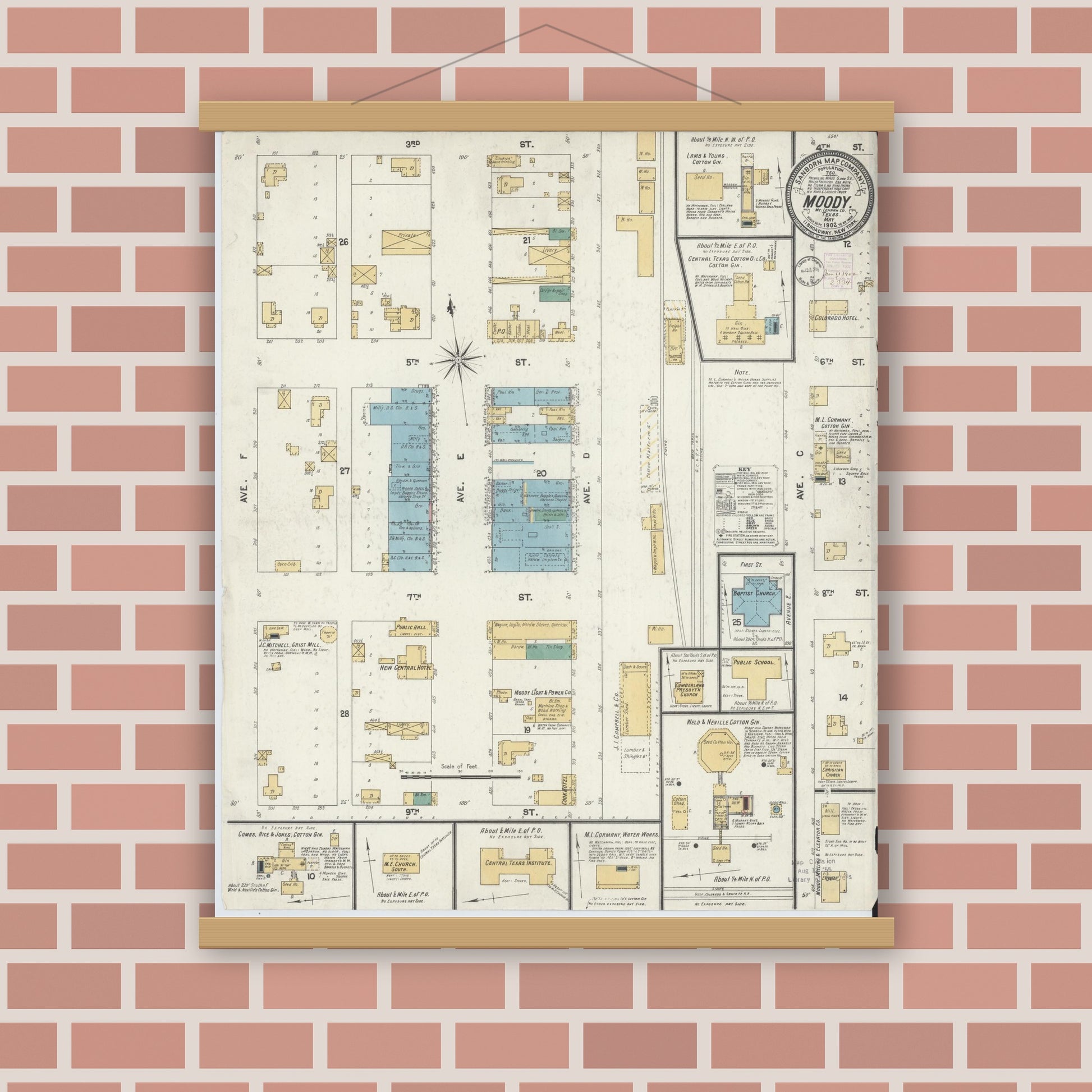 Old map wall art mockup — magnetic wood frame on brick wall — Sanborn Fire Insurance Map from Moody, McLennan County, Texas (1902), Sheet #0001
