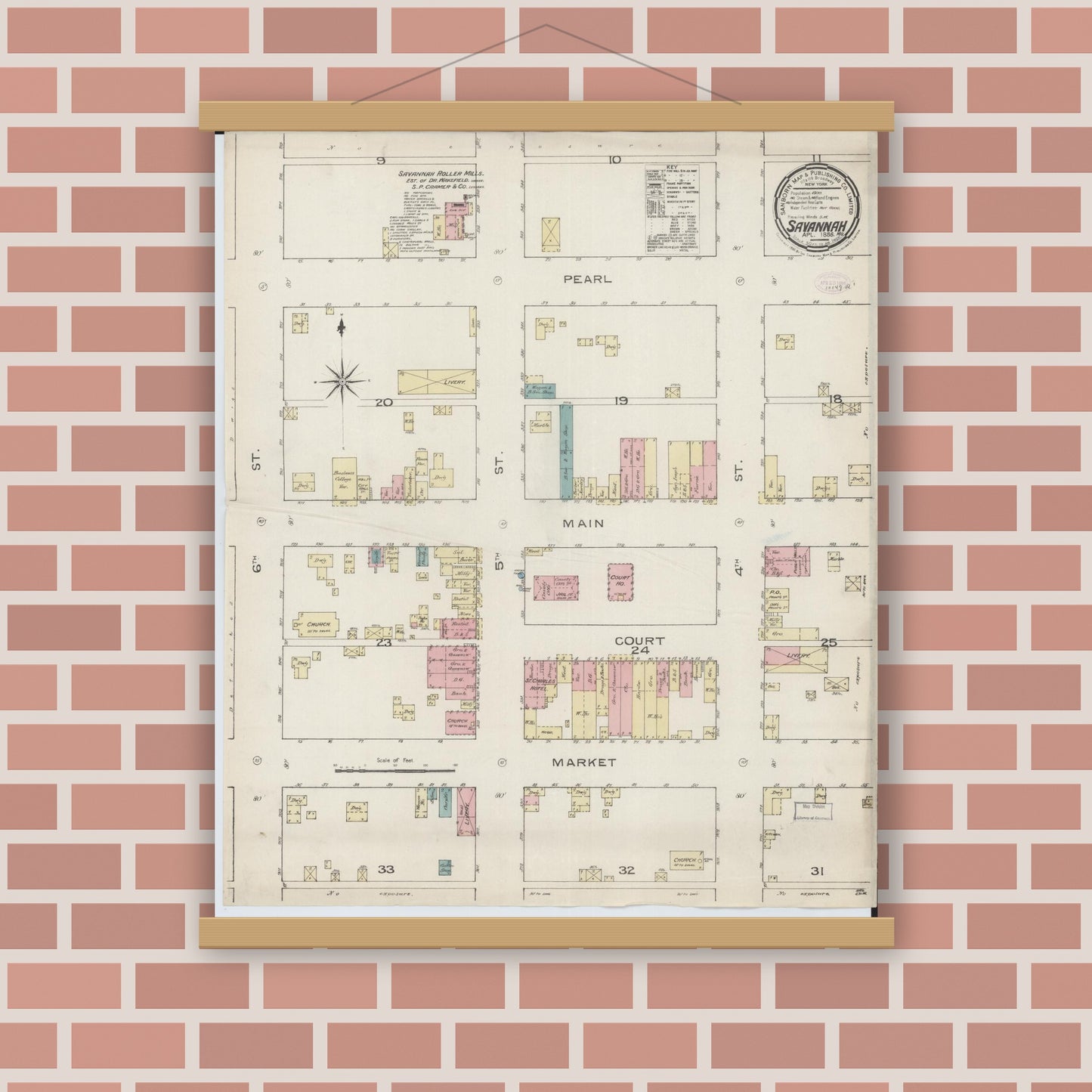 Old map wall art mockup — magnetic wood frame on brick wall — Sanborn Fire Insurance Map from Savannah, Andrew County, Missouri (1886), Sheet #0001