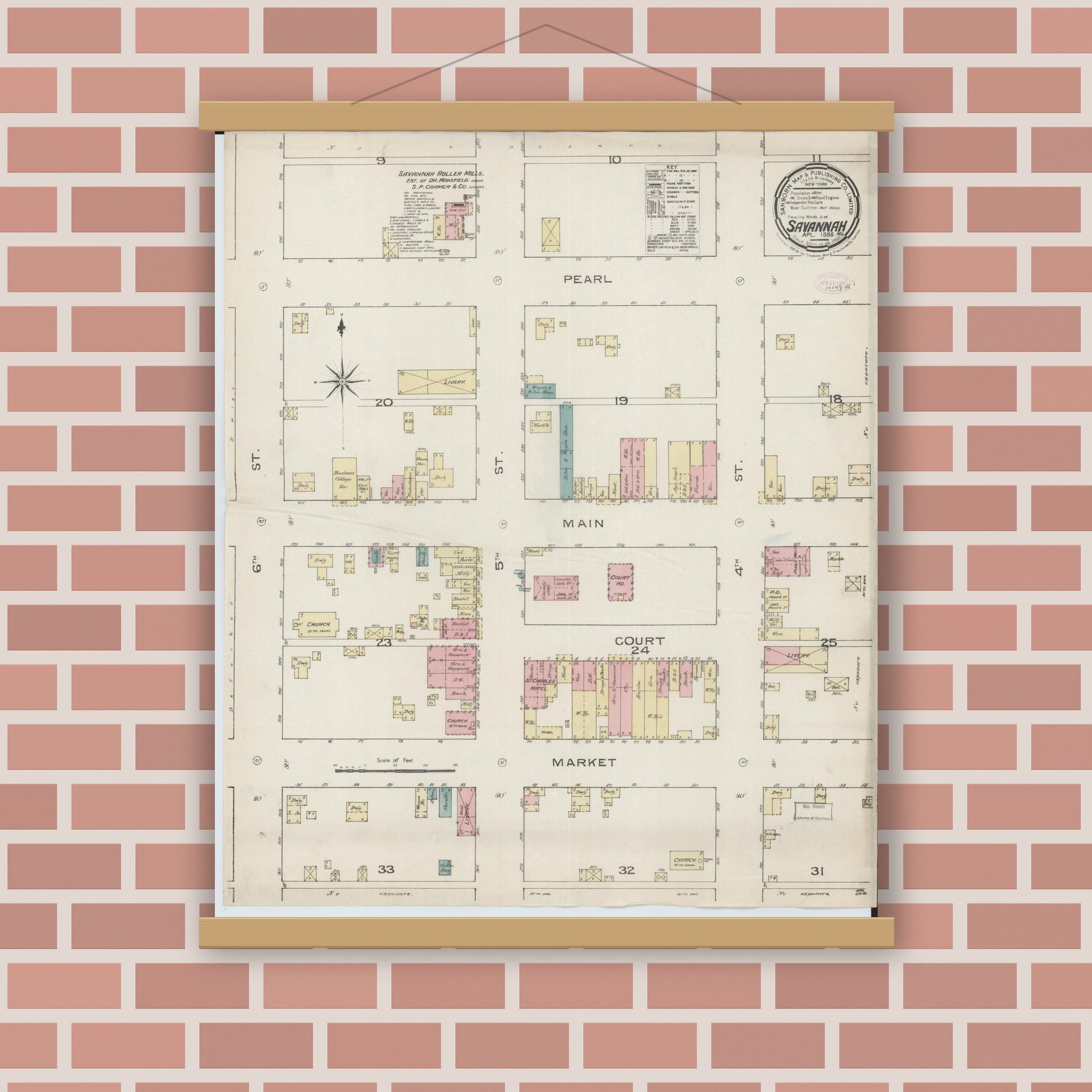 Old map wall art mockup — magnetic wood frame on brick wall — Sanborn Fire Insurance Map from Savannah, Andrew County, Missouri (1886), Sheet #0001