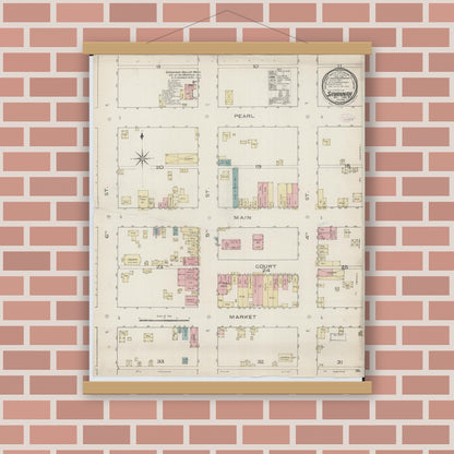 Old map wall art mockup — magnetic wood frame on brick wall — Sanborn Fire Insurance Map from Savannah, Andrew County, Missouri (1886), Sheet #0001
