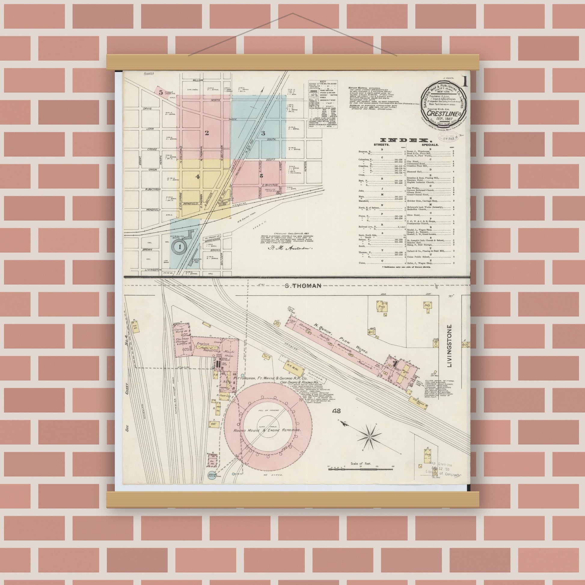 Old map wall art mockup — magnetic wood frame on brick wall — Sanborn Fire Insurance Map from Crestline, Crawford County, Ohio (1887) - Complete Map Set