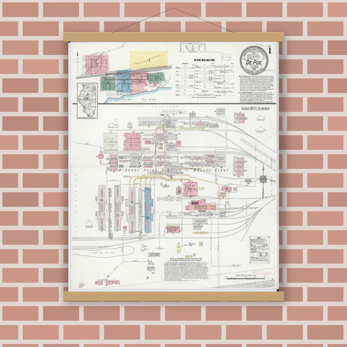 Old map wall art mockup — magnetic wood frame on brick wall — Sanborn Fire Insurance Map from De Pue, Bureau County, Illinois (1914) - Complete Map Set