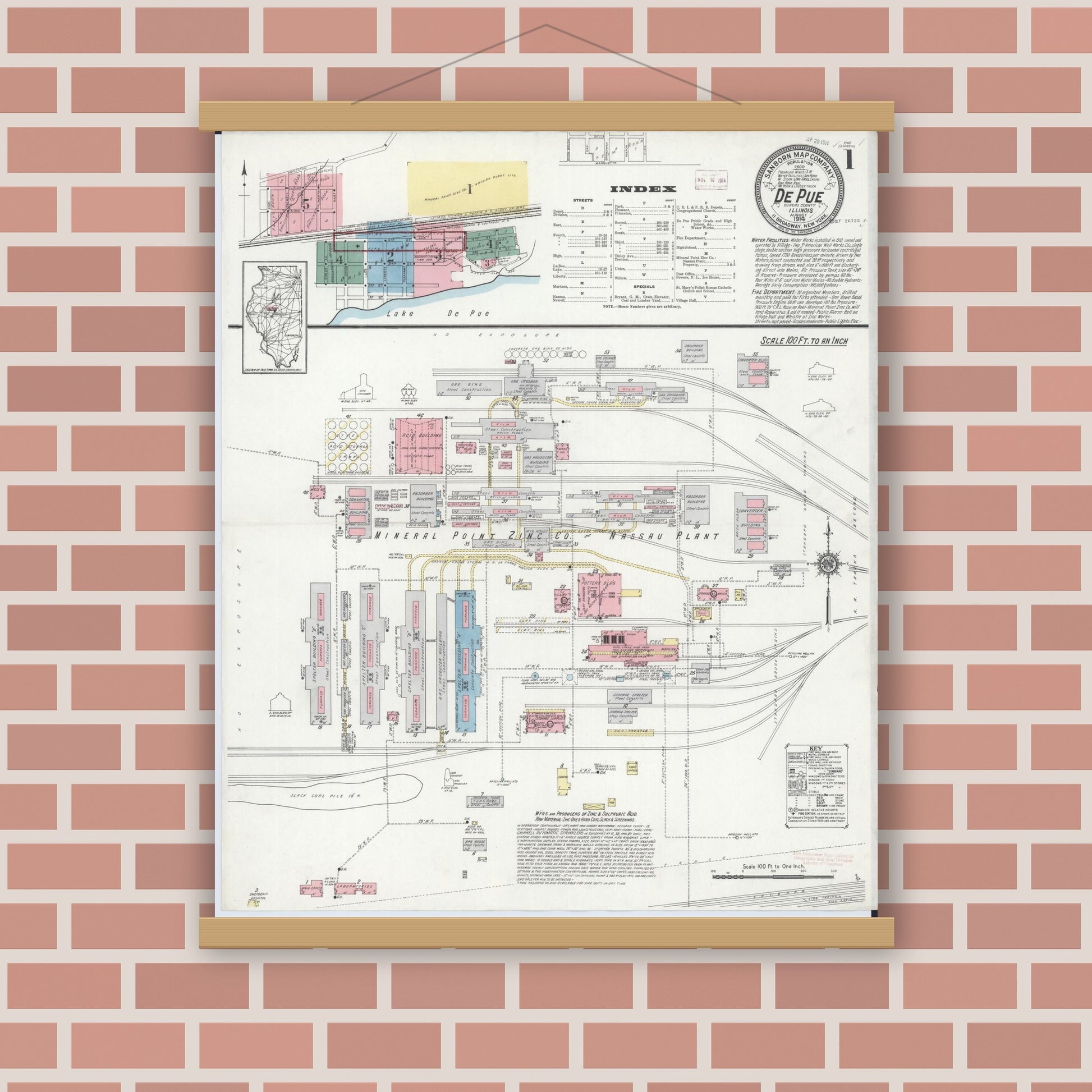 Old map wall art mockup — magnetic wood frame on brick wall — Sanborn Fire Insurance Map from De Pue, Bureau County, Illinois (1914) - Complete Map Set
