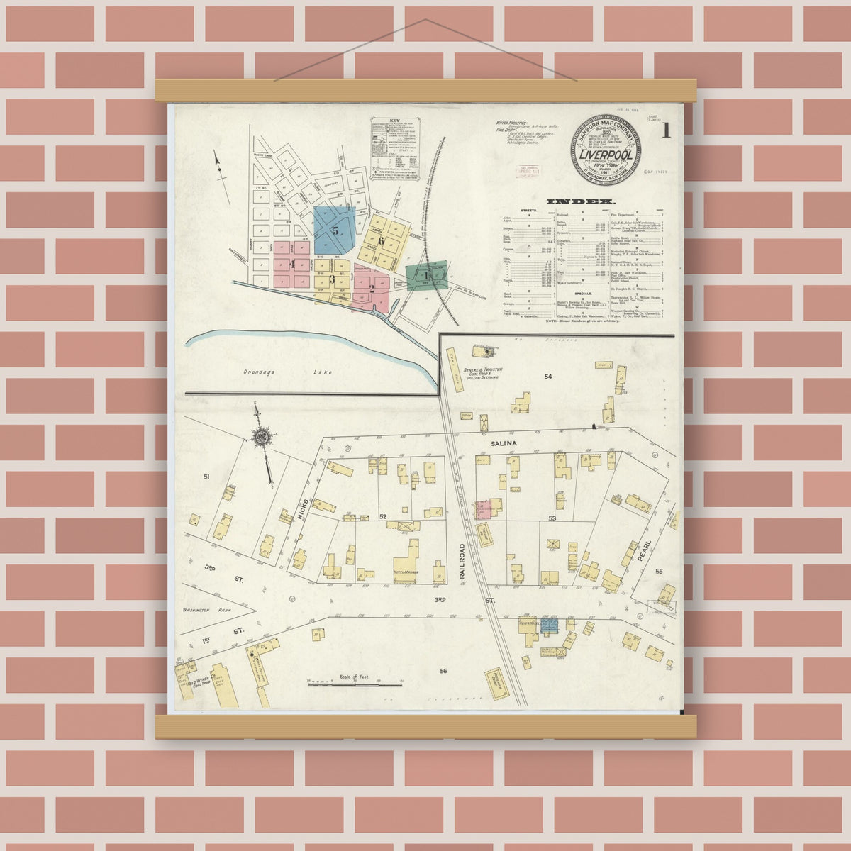 Old map wall art mockup — magnetic wood frame on brick wall — Sanborn Fire Insurance Map from Liverpool, Onondaga County, New York (1911) - Complete Map Set