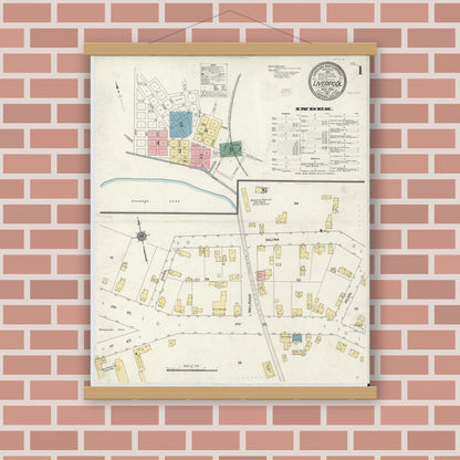 Old map wall art mockup — magnetic wood frame on brick wall — Sanborn Fire Insurance Map from Liverpool, Onondaga County, New York (1911) - Complete Map Set