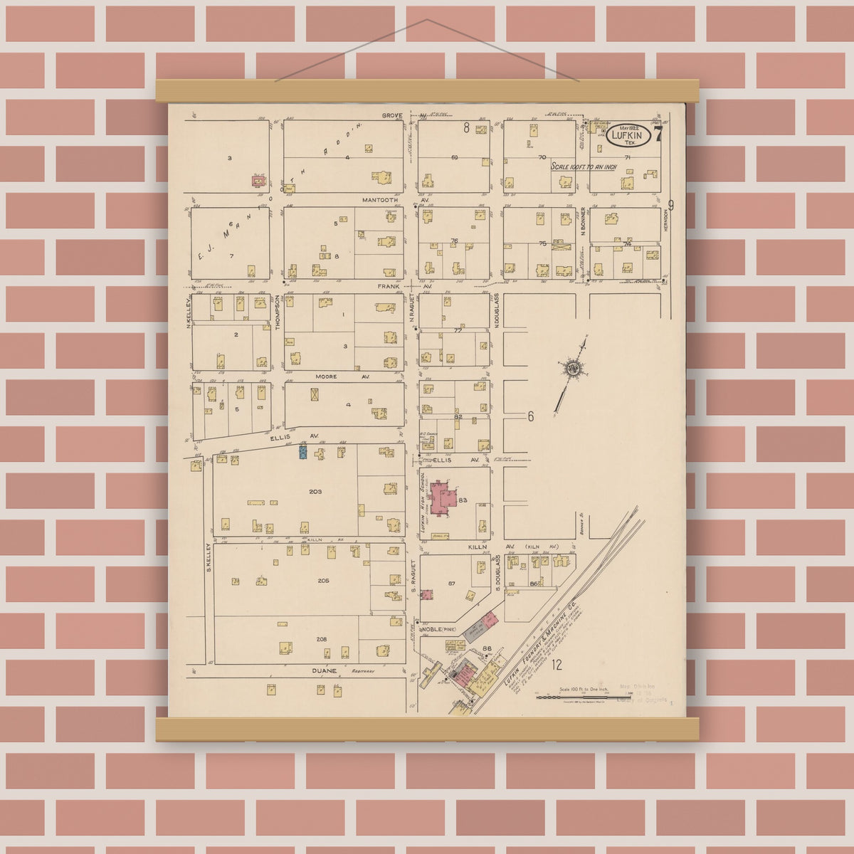 Old map wall art mockup — magnetic wood frame on brick wall — Sanborn Fire Insurance Map from Lufkin, Angelina County, Texas (1922), Sheet #0007