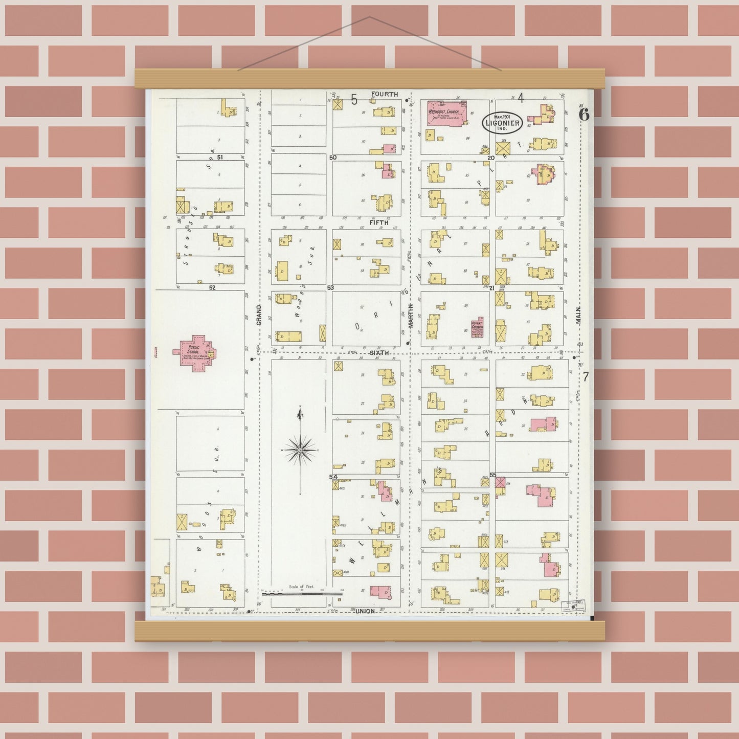 Old map wall art mockup — magnetic wood frame on brick wall — Sanborn Fire Insurance Map from Ligonier, Noble County, Indiana (1901), Sheet #0006