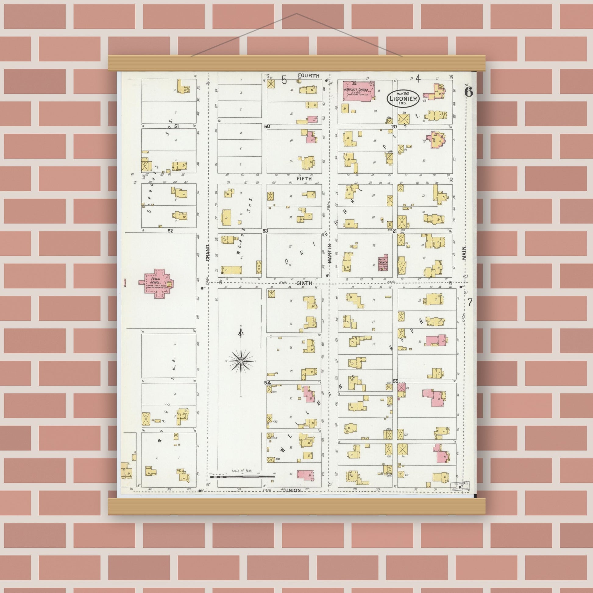 Old map wall art mockup — magnetic wood frame on brick wall — Sanborn Fire Insurance Map from Ligonier, Noble County, Indiana (1901), Sheet #0006