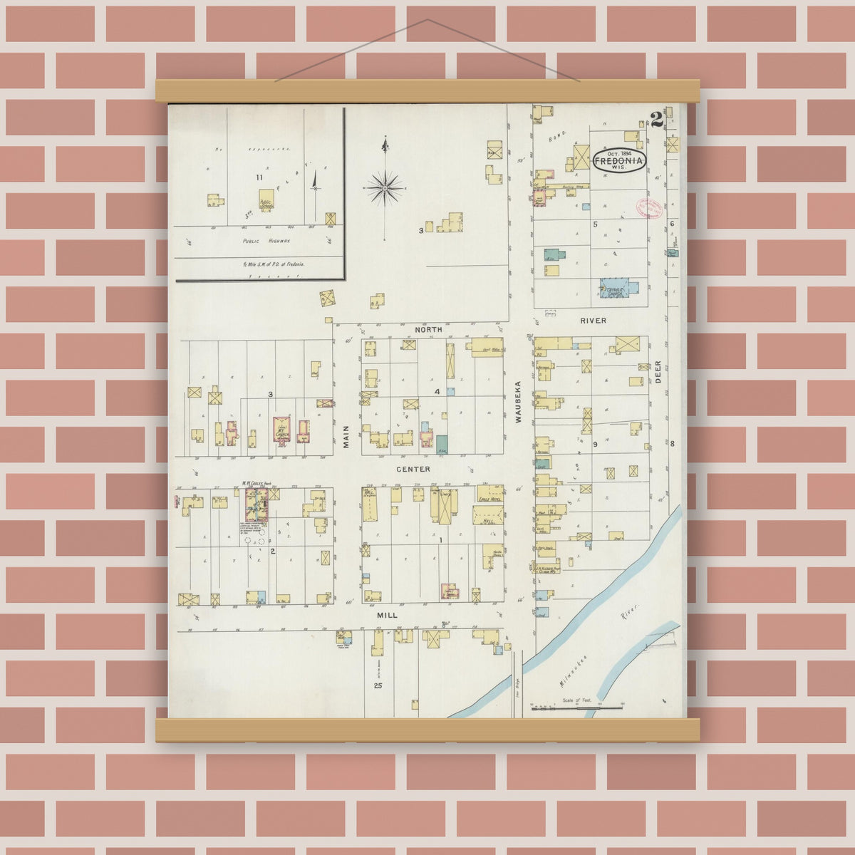 Old map wall art mockup — magnetic wood frame on brick wall — Sanborn Fire Insurance Map from Fredonia, Ozaukee County, Wisconsin (1894), Sheet #0002