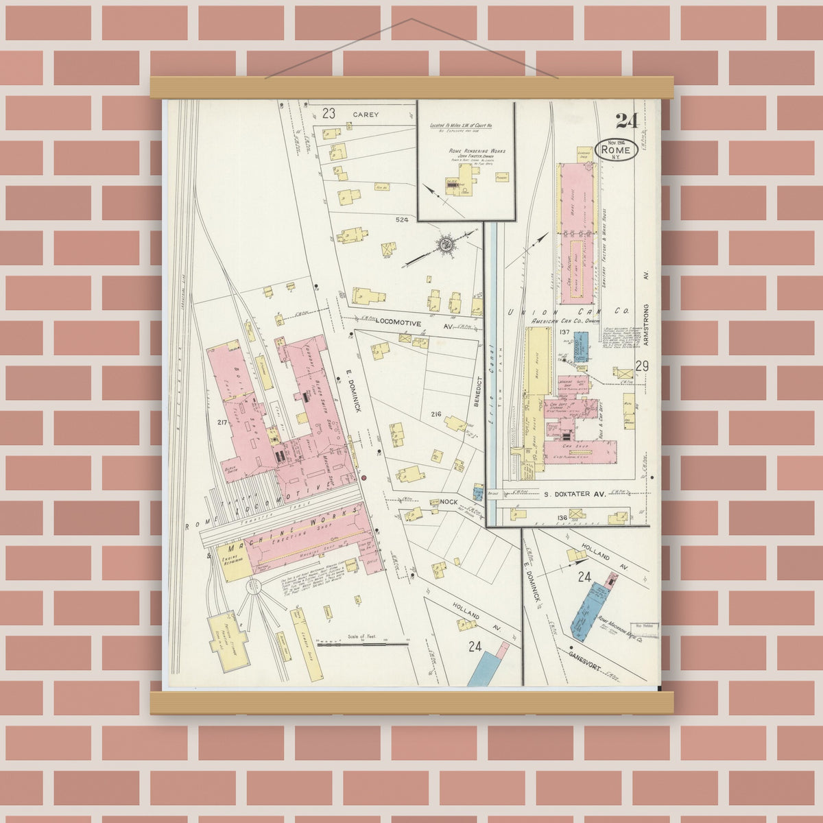 Old map wall art mockup — magnetic wood frame on brick wall — Sanborn Fire Insurance Map from Rome, Oneida County, New York (1914), Sheet #0024