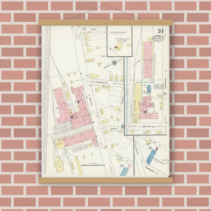 Old map wall art mockup — magnetic wood frame on brick wall — Sanborn Fire Insurance Map from Rome, Oneida County, New York (1914), Sheet #0024