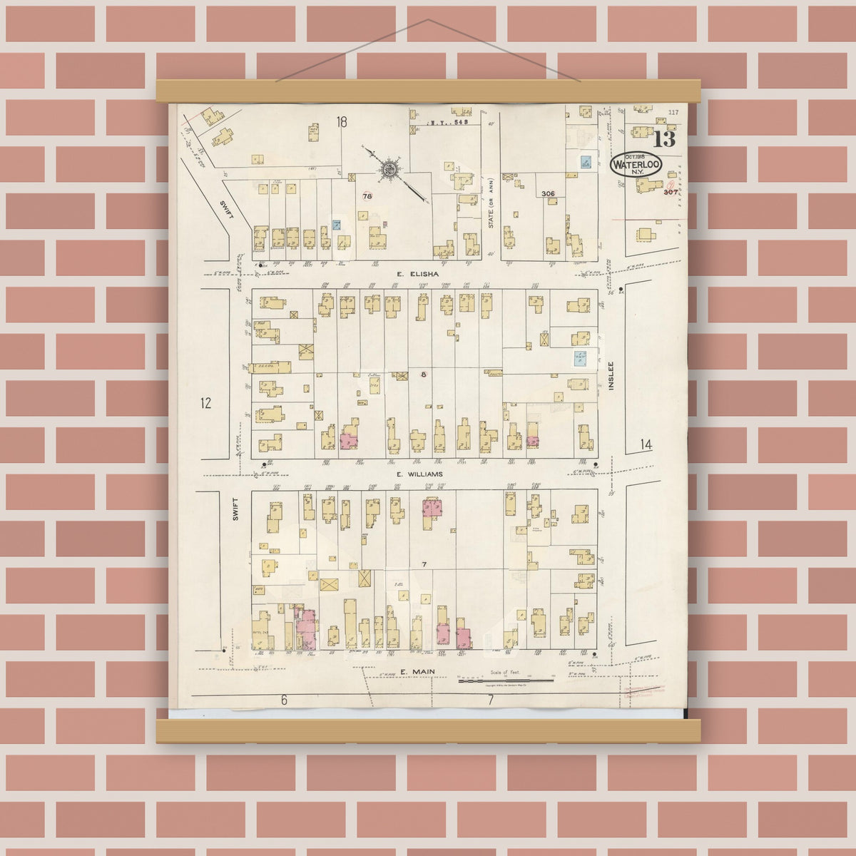 Old map wall art mockup — magnetic wood frame on brick wall — Sanborn Fire Insurance Map from Waterloo, Seneca County, New York (1948), Sheet #0013