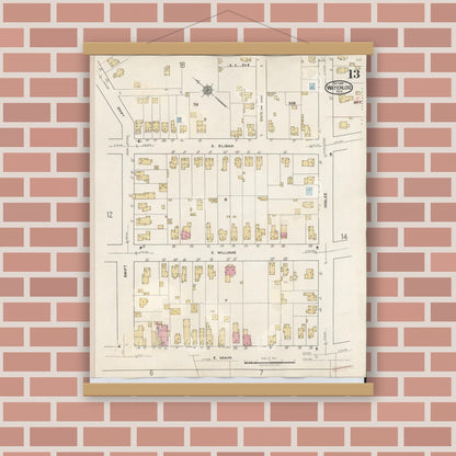 Old map wall art mockup — magnetic wood frame on brick wall — Sanborn Fire Insurance Map from Waterloo, Seneca County, New York (1948), Sheet #0013