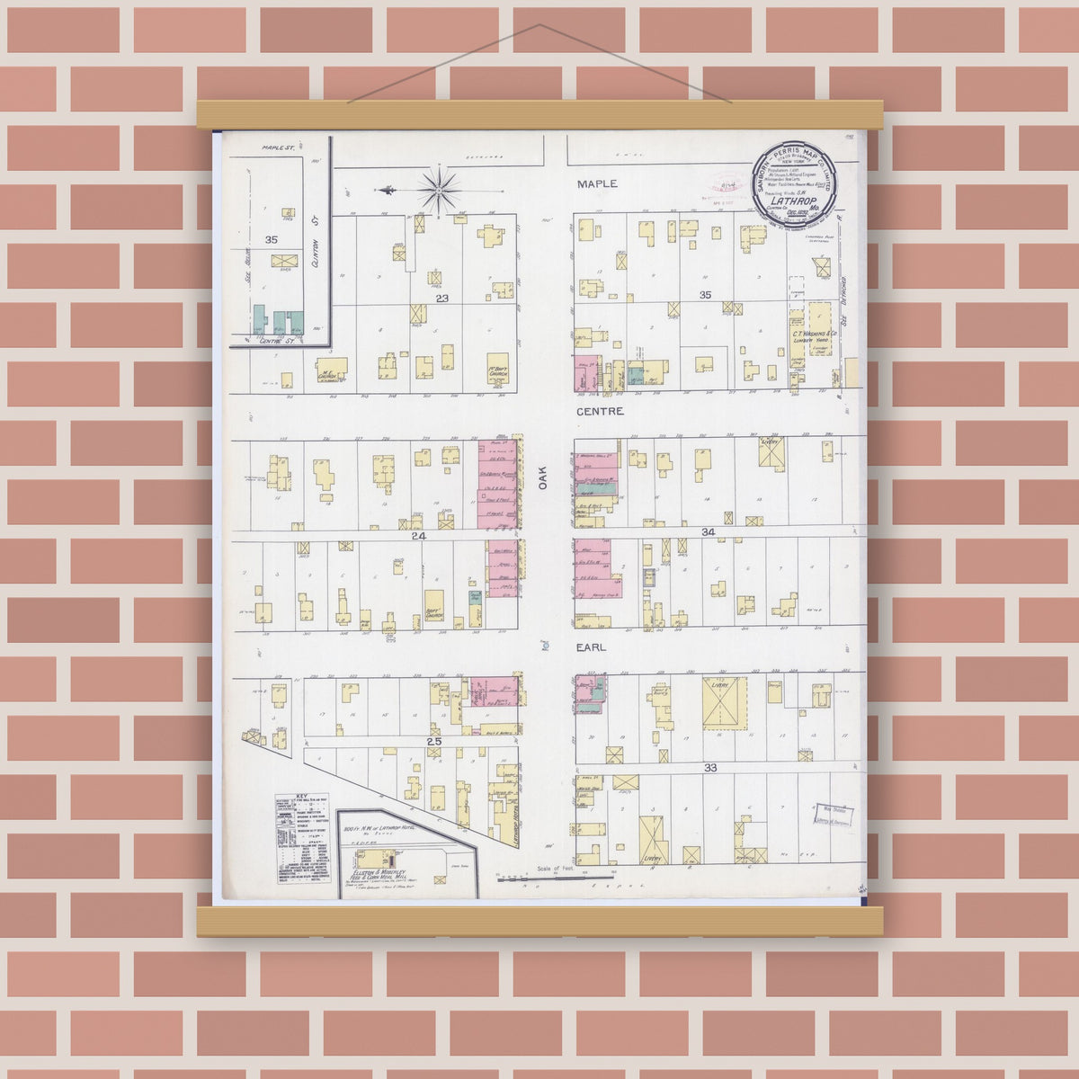 Old map wall art mockup — magnetic wood frame on brick wall — Sanborn Fire Insurance Map from Lathrop, Clinton County, Missouri (1892), Sheet #0001