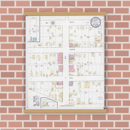 Old map wall art mockup — magnetic wood frame on brick wall — Sanborn Fire Insurance Map from Lathrop, Clinton County, Missouri (1892), Sheet #0001