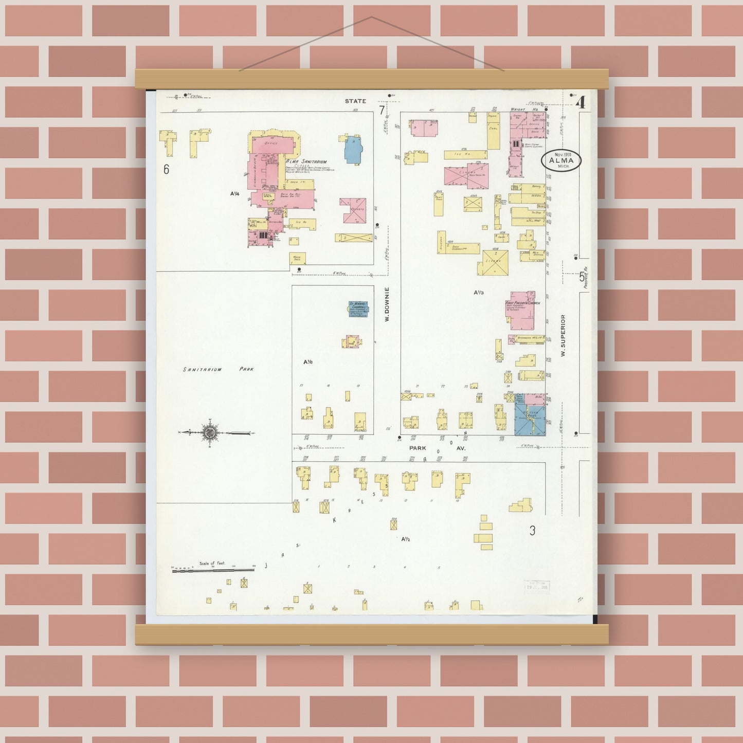 Old map wall art mockup — magnetic wood frame on brick wall — Sanborn Fire Insurance Map from Alma, Gratiot County, Michigan (1910), Sheet #0004