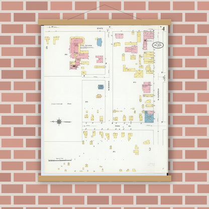Old map wall art mockup — magnetic wood frame on brick wall — Sanborn Fire Insurance Map from Alma, Gratiot County, Michigan (1910), Sheet #0004