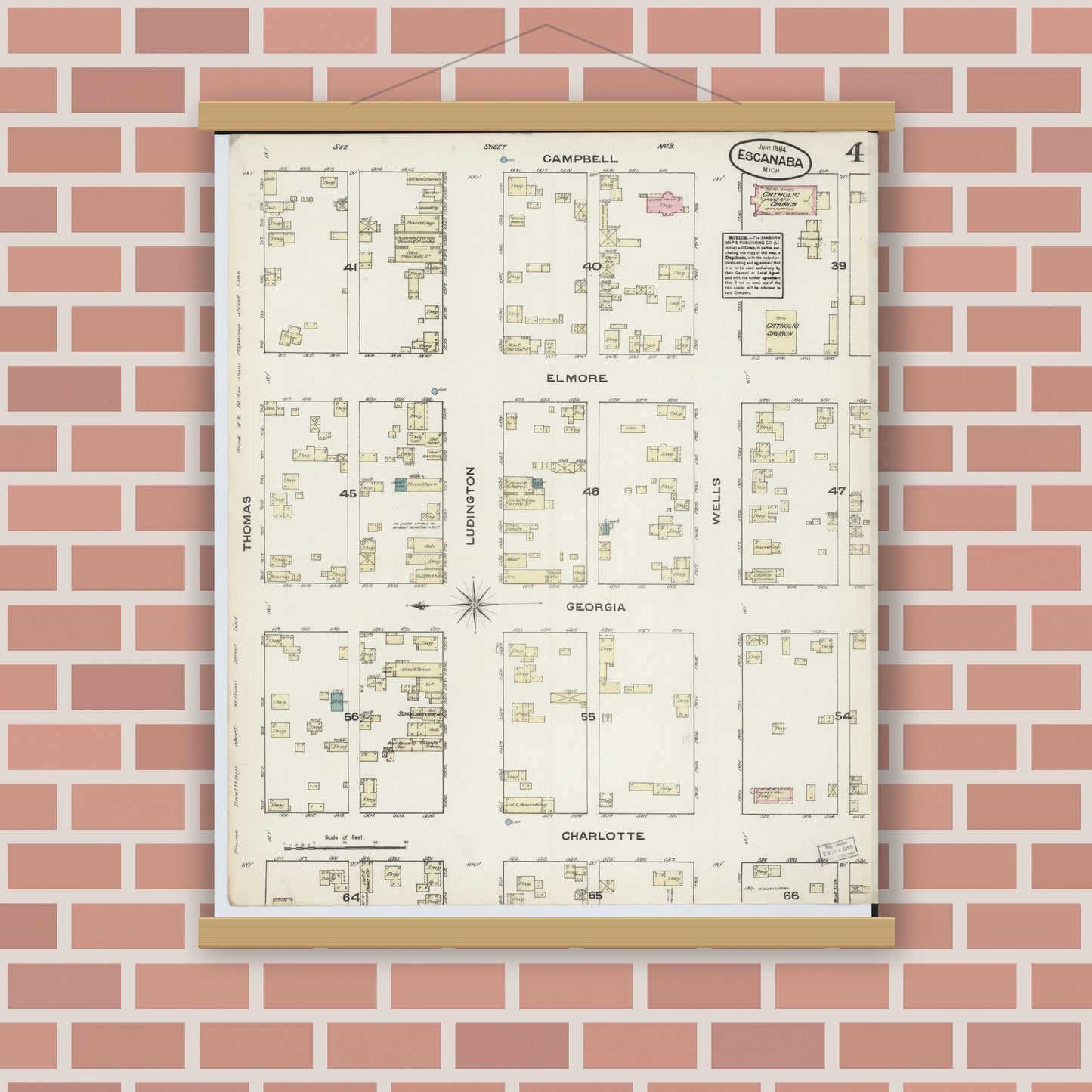 Old map wall art mockup — magnetic wood frame on brick wall — Sanborn Fire Insurance Map from Escanaba, Delta County, Michigan (1884), Sheet #0004