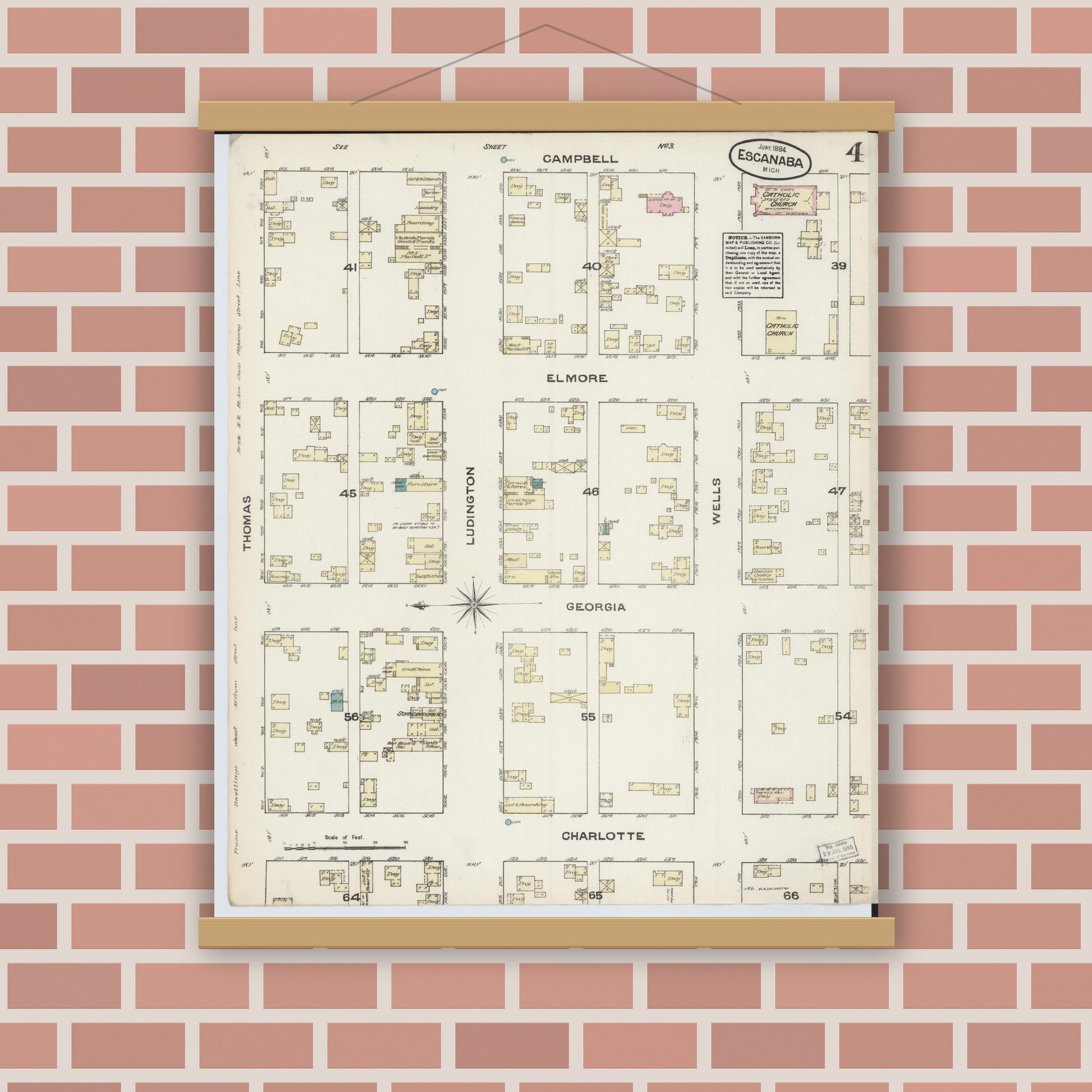 Old map wall art mockup — magnetic wood frame on brick wall — Sanborn Fire Insurance Map from Escanaba, Delta County, Michigan (1884), Sheet #0004