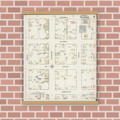 Old map wall art mockup — magnetic wood frame on brick wall — Sanborn Fire Insurance Map from Escanaba, Delta County, Michigan (1884), Sheet #0004